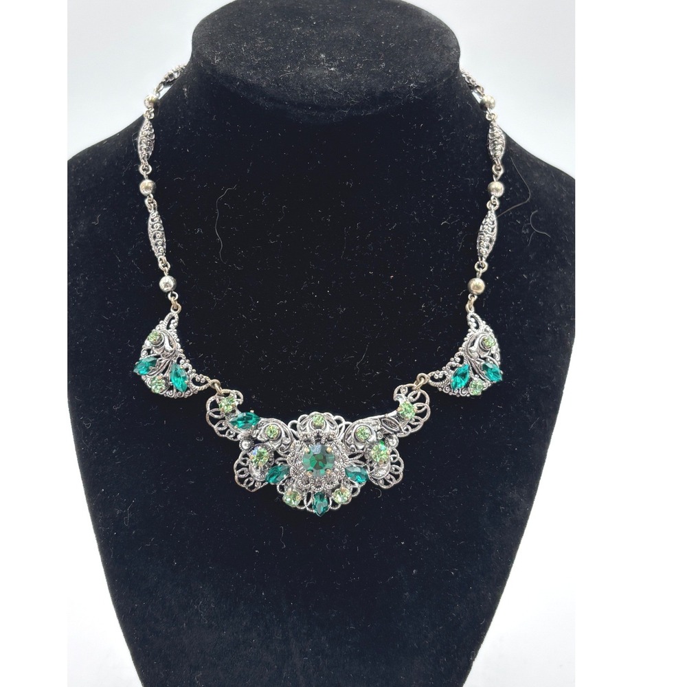 Vintage Western Germany Green Rhinestone Filigree Bib Necklace Silver Tone 17in